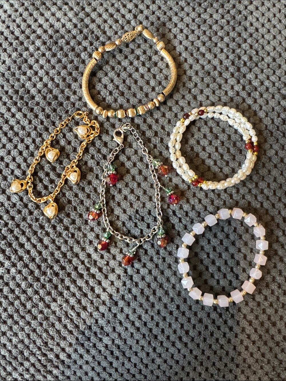 Gold and Pearl Women's Bracelet Set - Elegant Mixed Bead Stack of 5
